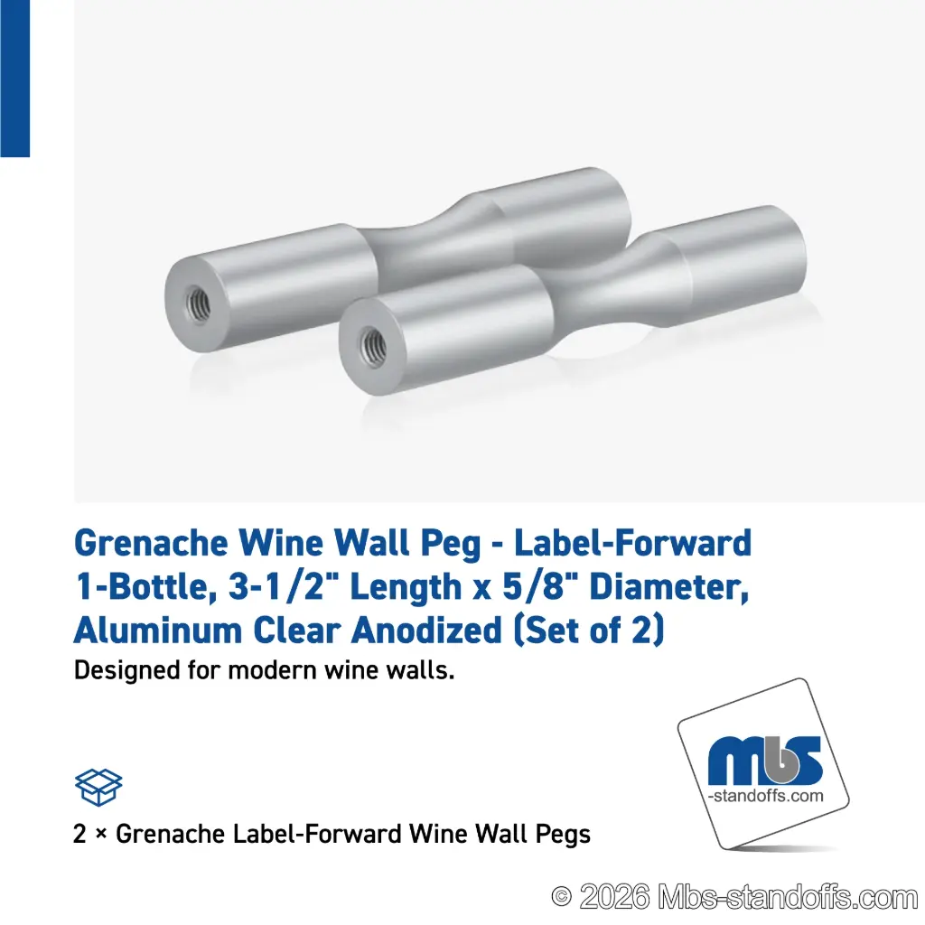Grenache Wine Wall Peg - Label-Forward 1-Bottle, 3-1/2" Length x 5/8" Diameter, Aluminum Clear Anodized (Set of 2)