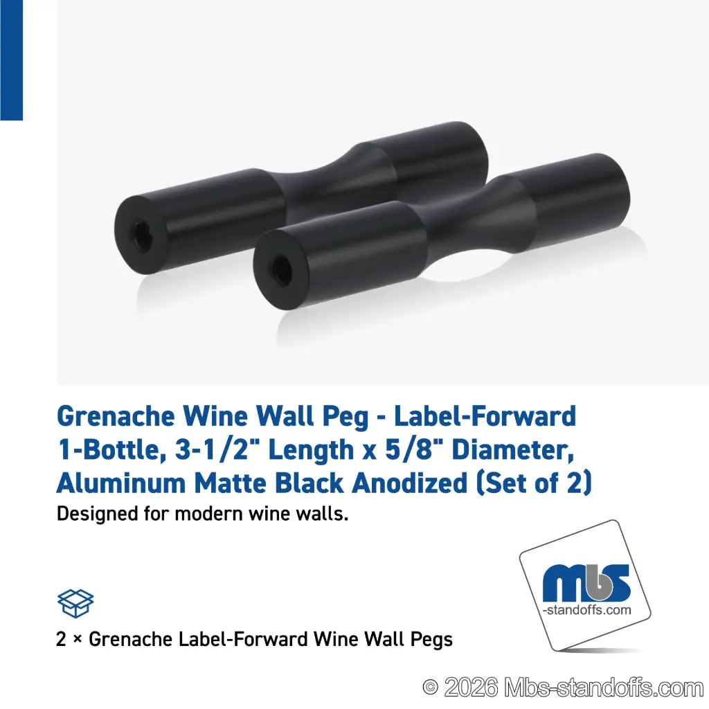 Grenache Wine Wall Peg - Label-Forward 1-Bottle, 3-1/2" Length x 5/8" Diameter, Aluminum Matte Black Anodized (Set of 2)