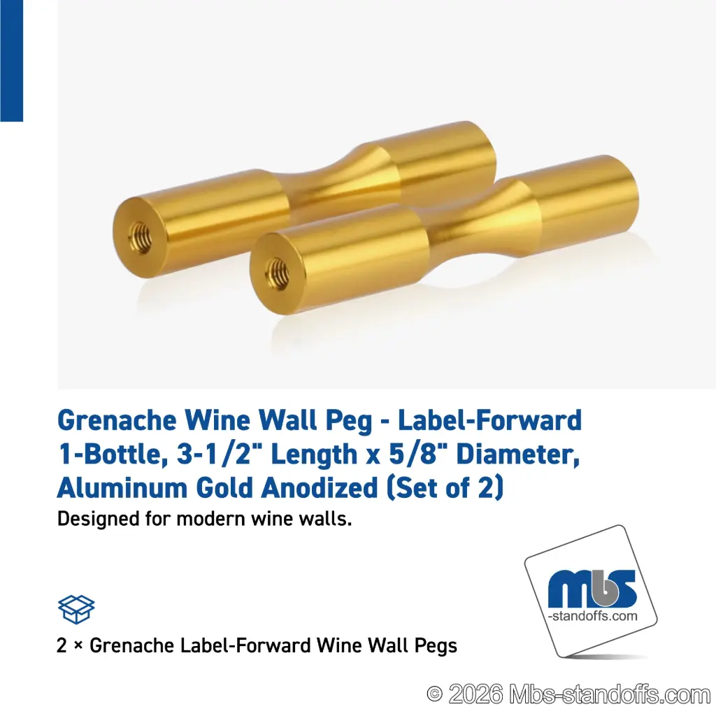 Grenache Wine Wall Peg - Label-Forward 1-Bottle, 3-1/2" Length x 5/8" Diameter, Aluminum Gold Anodized (Set of 2)