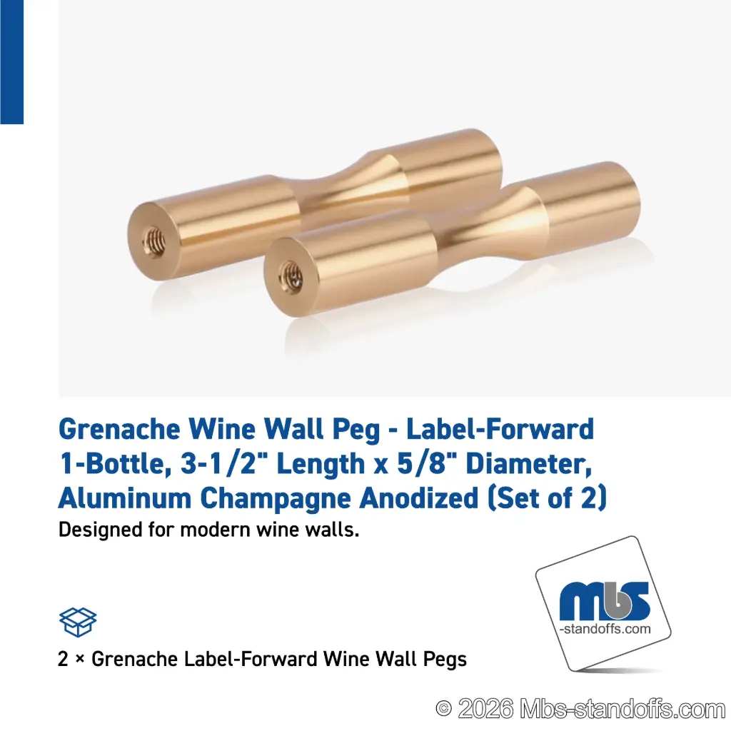 Grenache Wine Wall Peg - Label-Forward 1-Bottle, 3-1/2" Length x 5/8" Diameter, Aluminum Champagne Anodized (Set of 2)