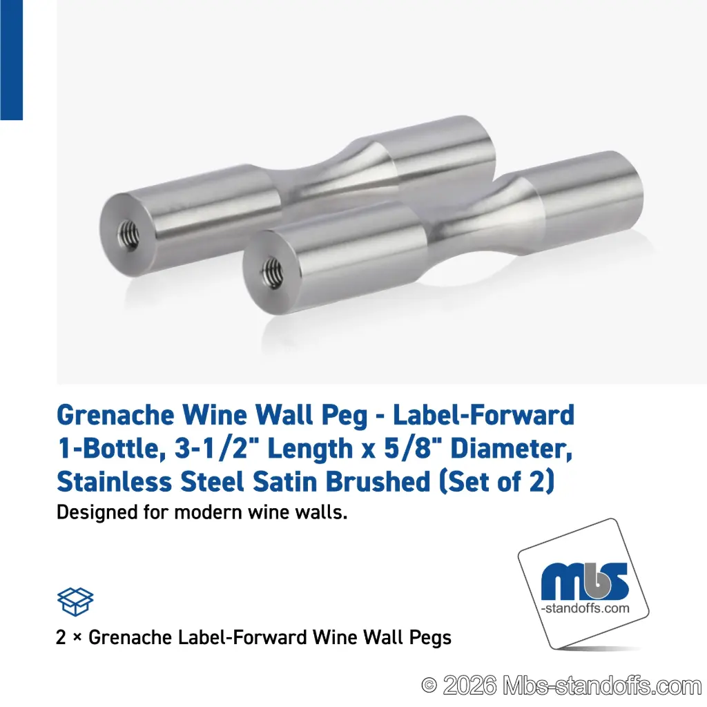 Grenache Wine Wall Peg - Label-Forward 1-Bottle, 3-1/2" Length x 5/8" Diameter, Stainless Steel Satin Brushed (Set of 2)