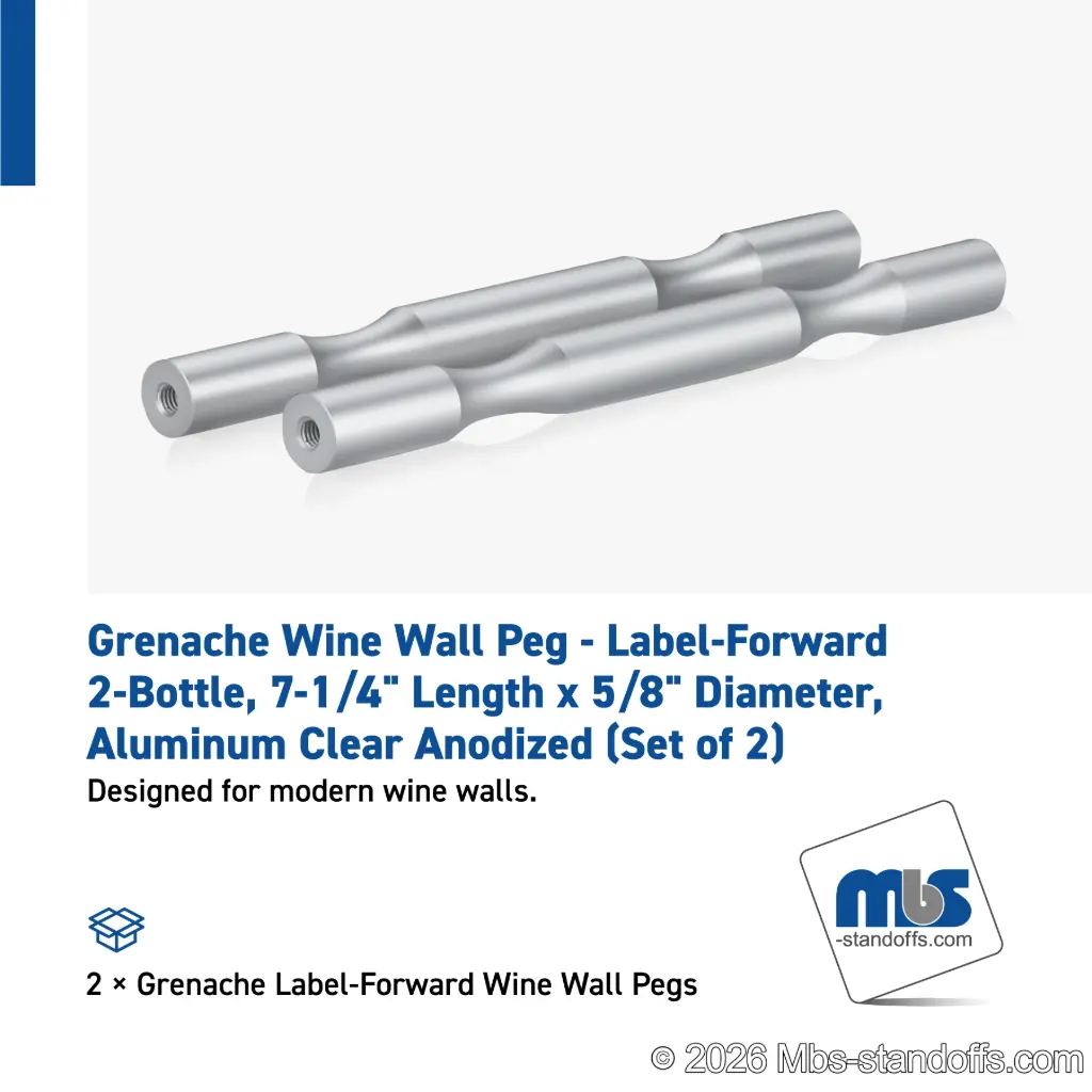 Grenache Wine Wall Peg - Label-Forward 2-Bottle, 6-1/2" Length x 5/8" Diameter, Aluminum Clear Anodized (Set of 2)