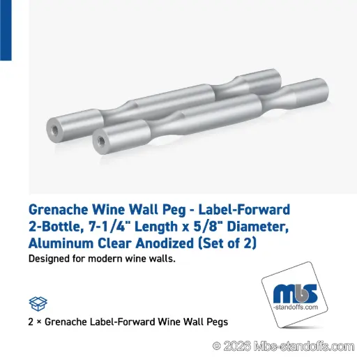 [WP058-2A] Grenache Wine Wall Peg - Label-Forward 2-Bottle, 6-1/2" Length x 5/8" Diameter, Aluminum Clear Anodized (Set of 2)