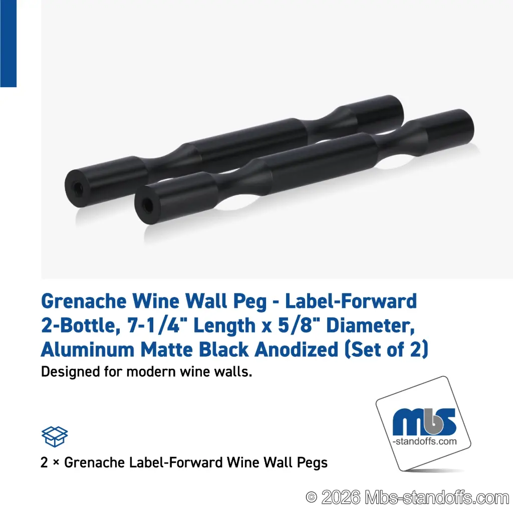 Grenache Wine Wall Peg - Label-Forward 2-Bottle, 6-1/2" Length x 5/8" Diameter, Aluminum Matte Black Anodized (Set of 2)
