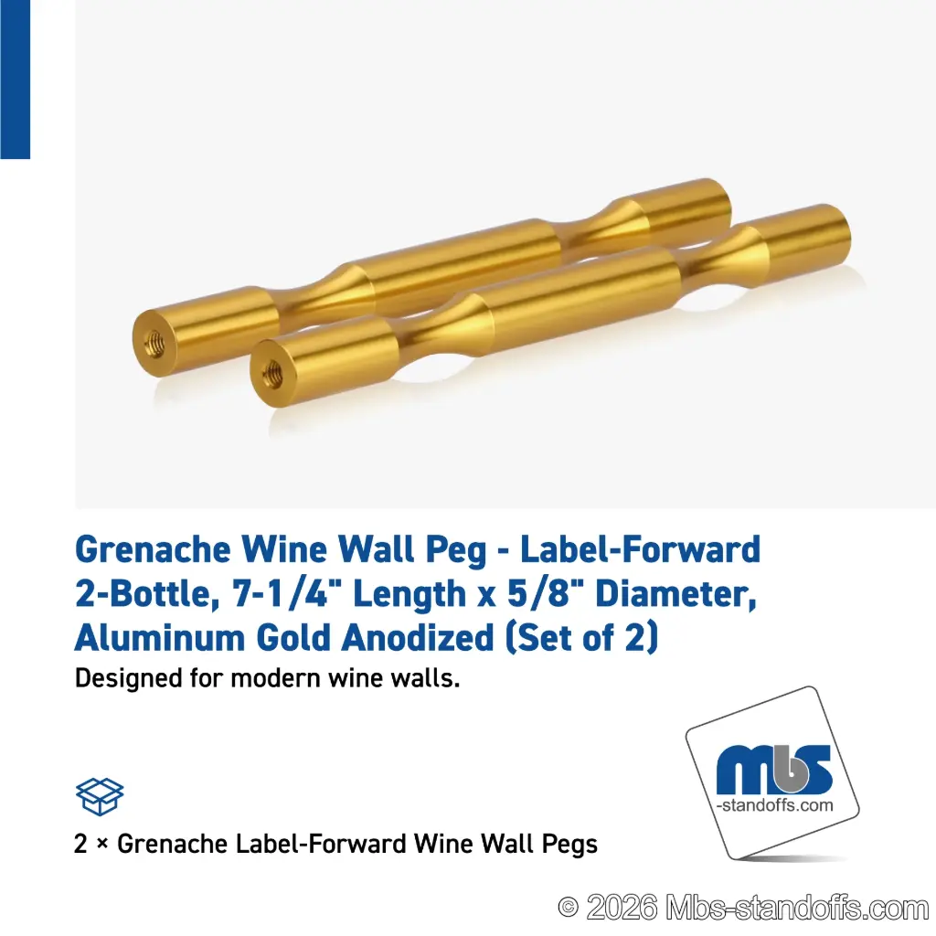 Grenache Wine Wall Peg - Label-Forward 2-Bottle, 6-1/2" Length x 5/8" Diameter, Aluminum Gold Anodized (Set of 2)