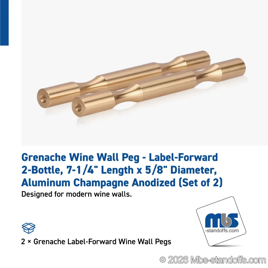 Grenache Wine Wall Peg - Label-Forward 2-Bottle, 6-1/2" Length x 5/8" Diameter, Aluminum Champagne Anodized (Set of 2)