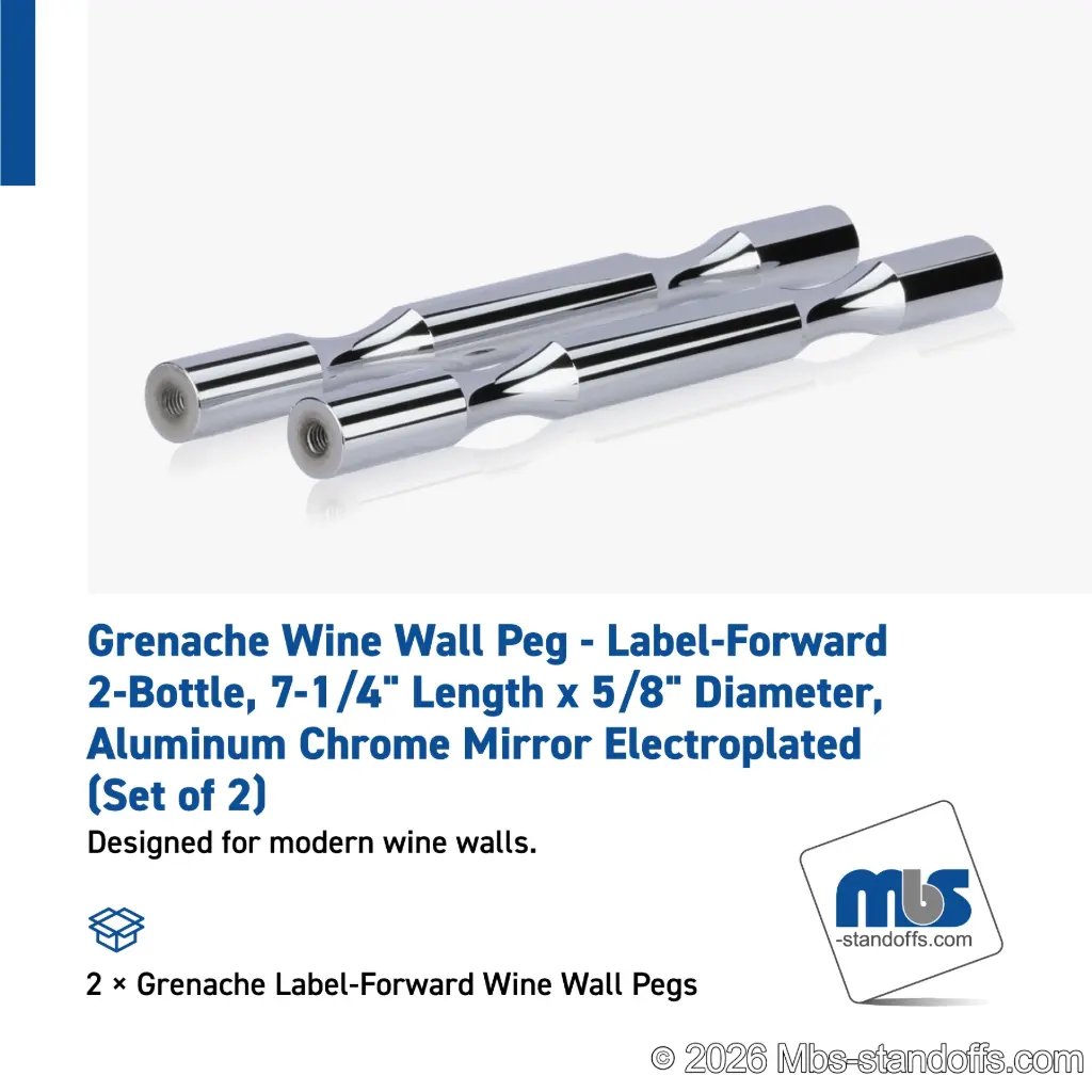 Grenache Wine Wall Peg - Label-Forward 2-Bottle, 6-1/2" Length x 5/8" Diameter, Aluminum Chrome Mirror Electroplated (Set of 2)