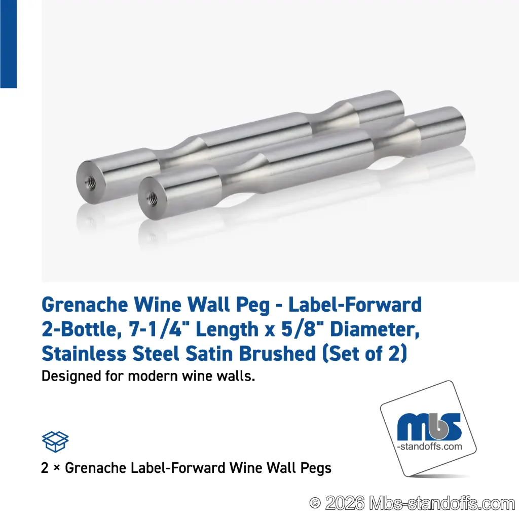 Grenache Wine Wall Peg - Label-Forward 2-Bottle, 6-1/2" Length x 5/8" Diameter, Stainless Steel Satin Brushed (Set of 2)