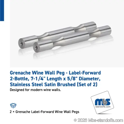 [WP058-2S] Grenache Wine Wall Peg - Label-Forward 2-Bottle, 6-1/2" Length x 5/8" Diameter, Stainless Steel Satin Brushed (Set of 2)