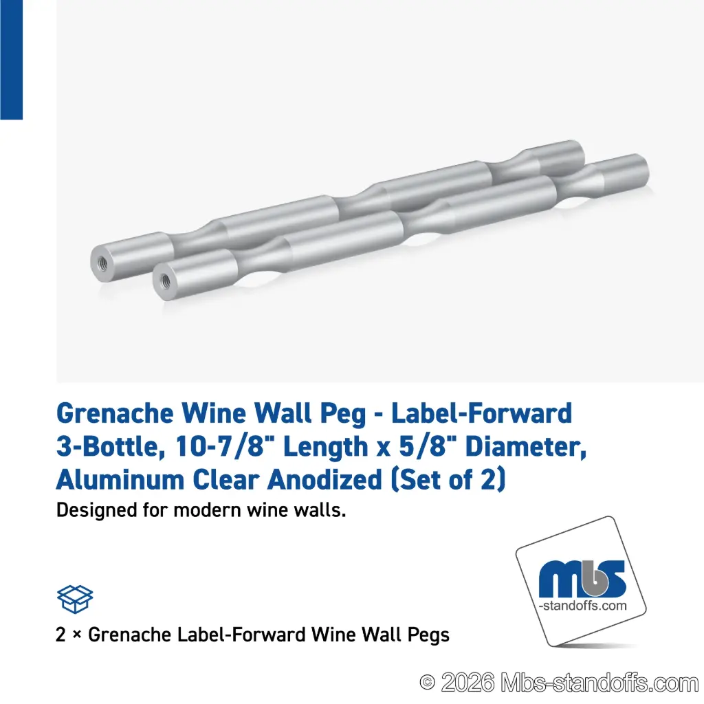 Grenache Wine Wall Peg - Label-Forward 3-Bottle, 9-1/2" Length x 5/8" Diameter, Aluminum Clear Anodized (Set of 2)