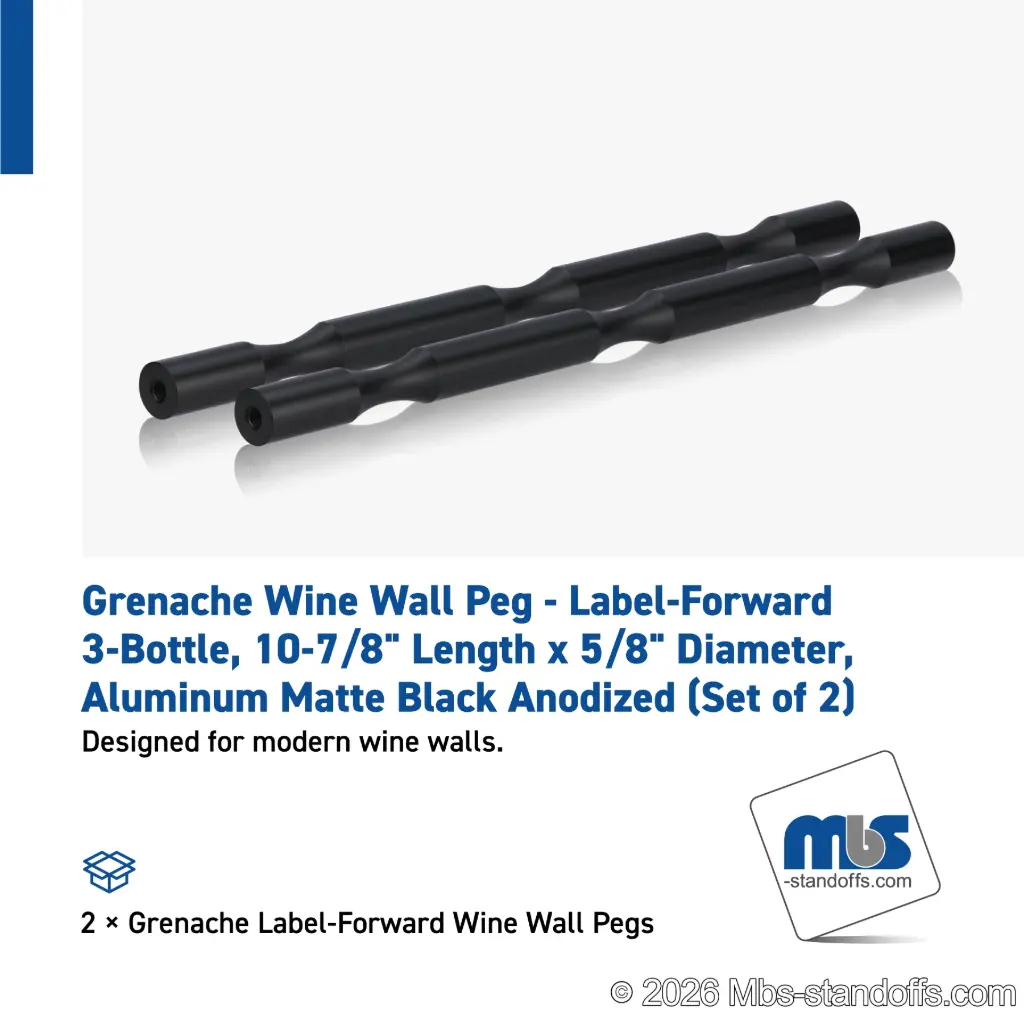 Grenache Wine Wall Peg - Label-Forward 3-Bottle, 9-1/2" Length x 5/8" Diameter, Aluminum Matte Black Anodized (Set of 2)