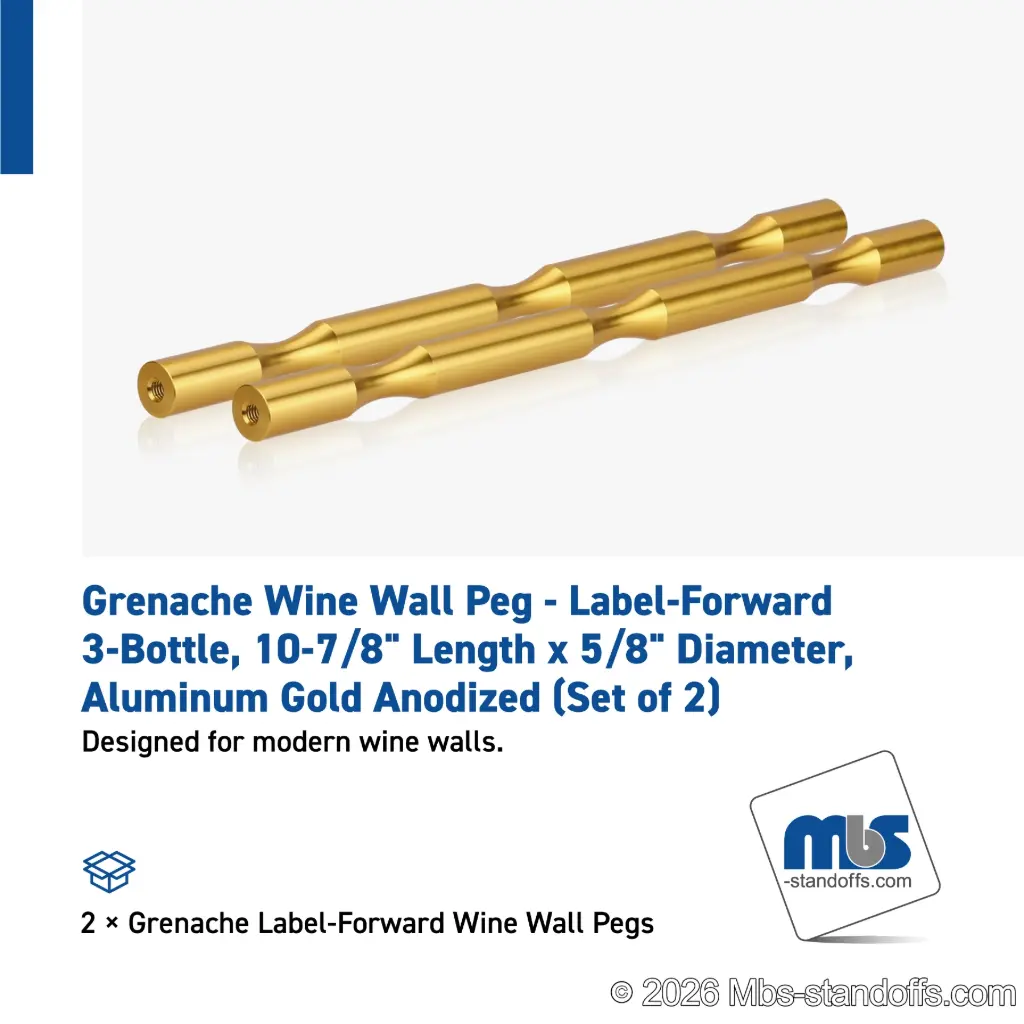 Grenache Wine Wall Peg - Label-Forward 3-Bottle, 9-1/2" Length x 5/8" Diameter, Aluminum Gold Anodized (Set of 2)