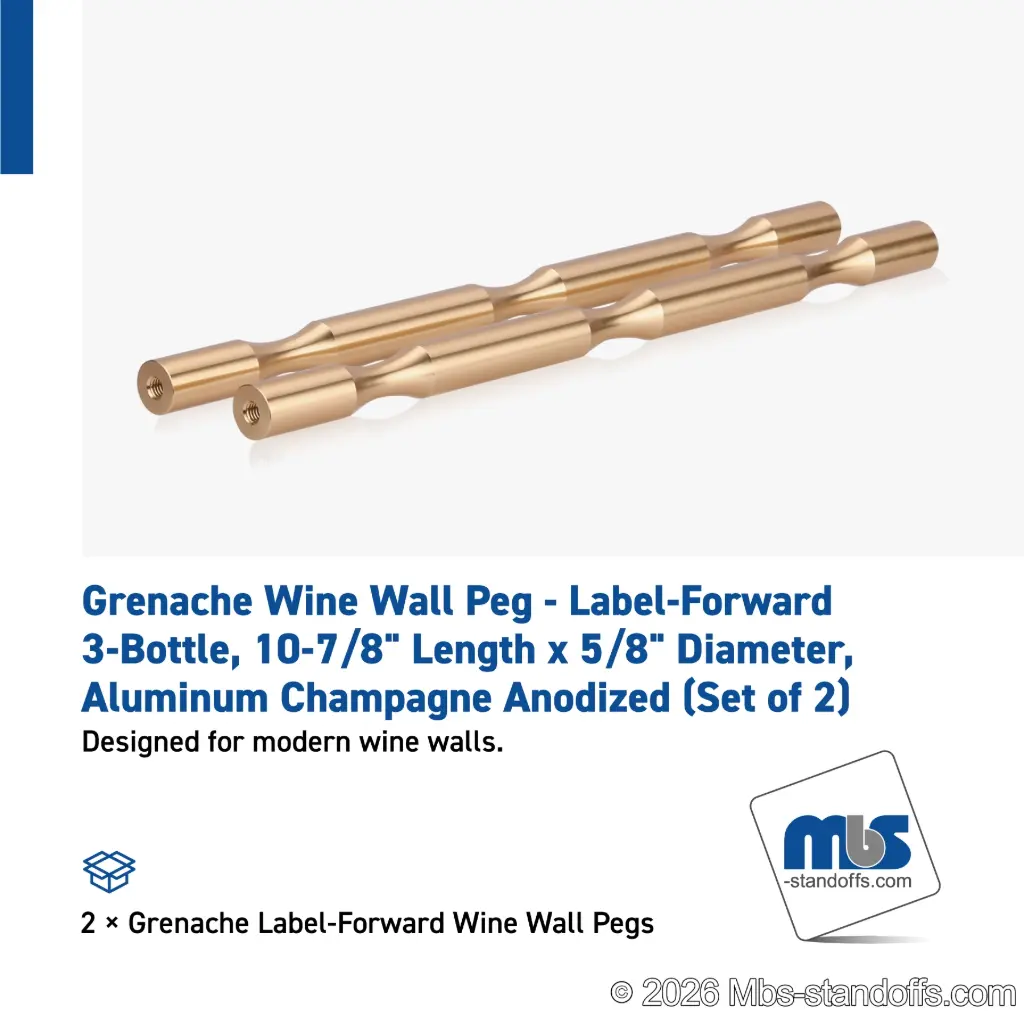 Grenache Wine Wall Peg - Label-Forward 3-Bottle, 9-1/2" Length x 5/8" Diameter, Aluminum Champagne Anodized (Set of 2)