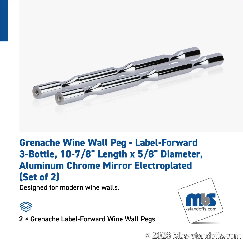 Grenache Wine Wall Peg - Label-Forward 3-Bottle, 9-1/2" Length x 5/8" Diameter, Aluminum Chrome Mirror Electroplated (Set of 2)