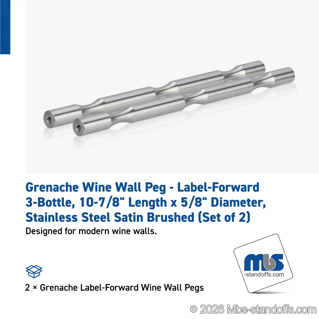 Grenache Wine Wall Peg - Label-Forward 3-Bottle, 9-1/2" Length x 5/8" Diameter, Stainless Steel Satin Brushed (Set of 2)
