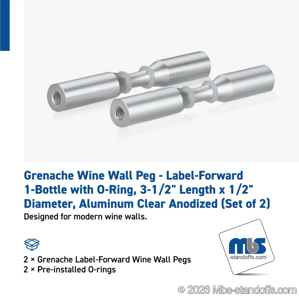 Grenache Wine Wall Peg - Label-Forward 1-Bottle with O-Ring, 3-1/2" Length x 1/2" Diameter, Aluminum Clear Anodized (Set of 2)