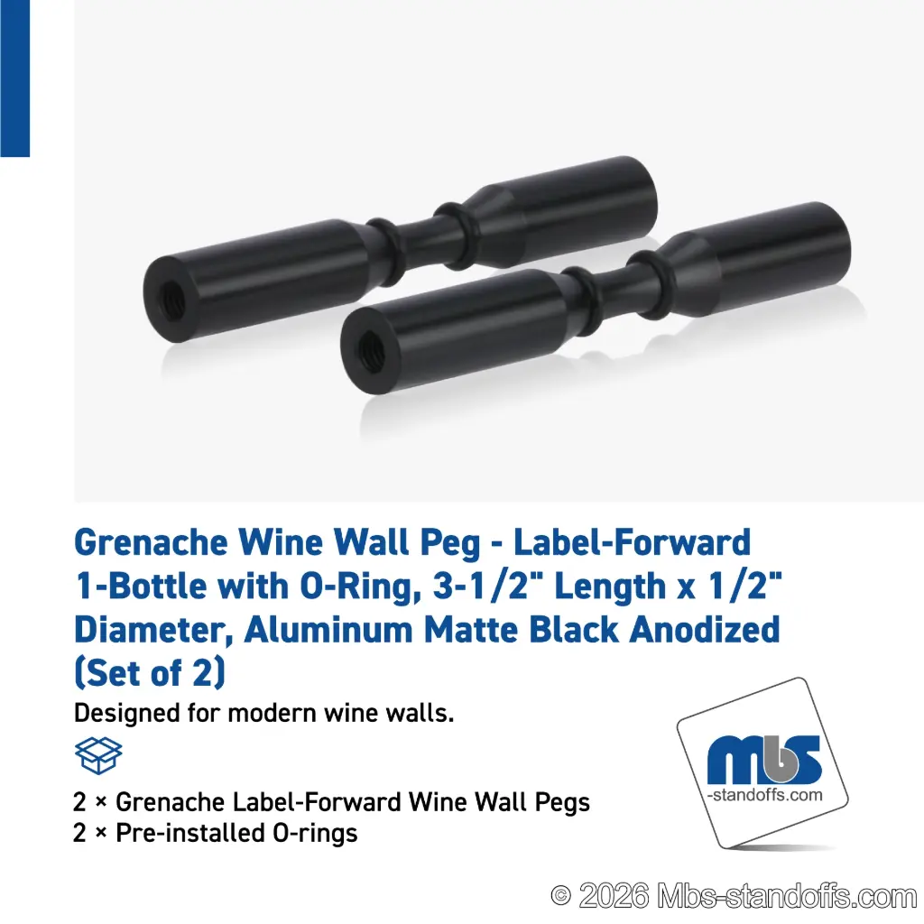Grenache Wine Wall Peg - Label-Forward 1-Bottle with O-Ring, 3-1/2" Length x 1/2" Diameter, Aluminum Matte Black Anodized (Set of 2)