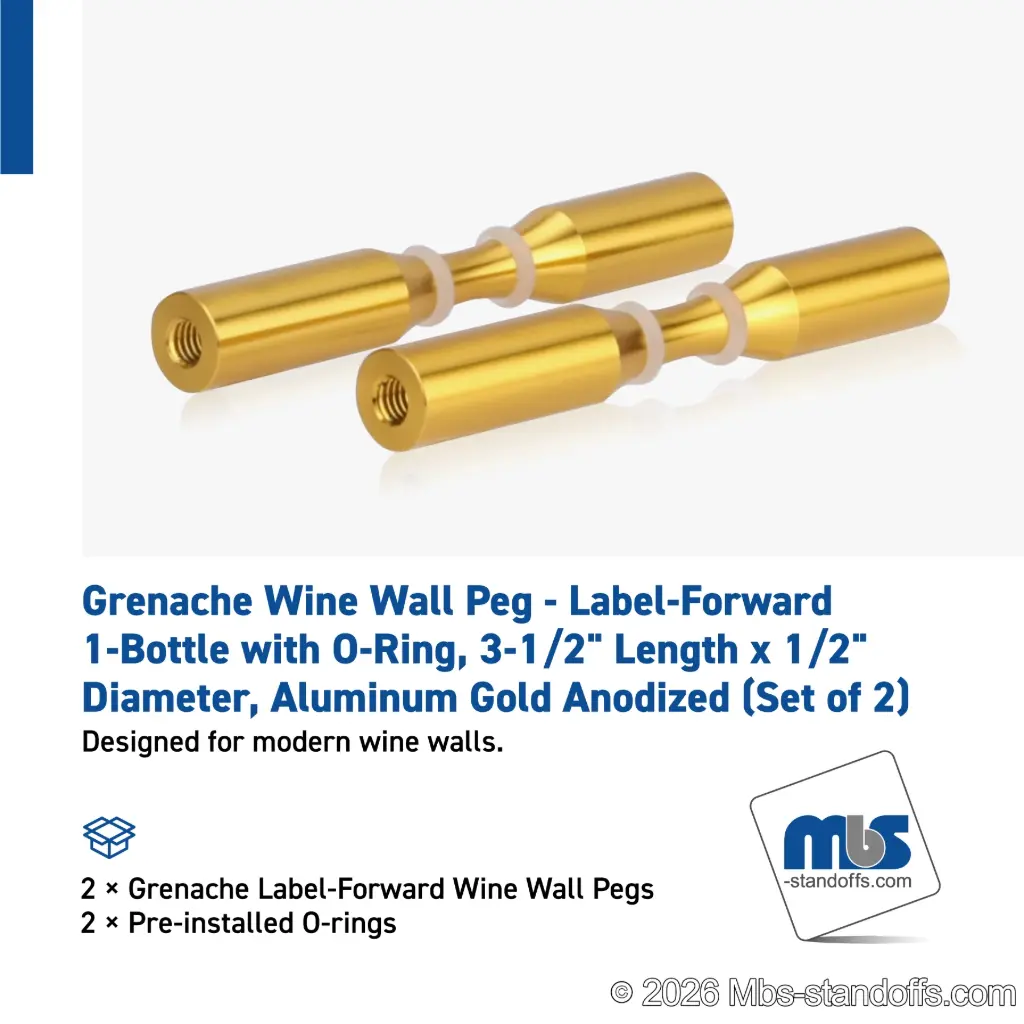 Grenache Wine Wall Peg - Label-Forward 1-Bottle with O-Ring, 3-1/2" Length x 1/2" Diameter, Aluminum Gold Anodized (Set of 2)