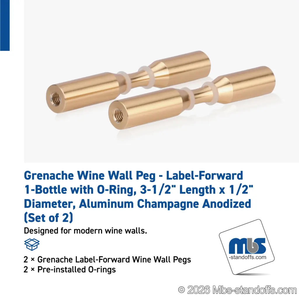 Grenache Wine Wall Peg - Label-Forward 1-Bottle with O-Ring, 3-1/2" Length x 1/2" Diameter, Aluminum Champagne Anodized (Set of 2)