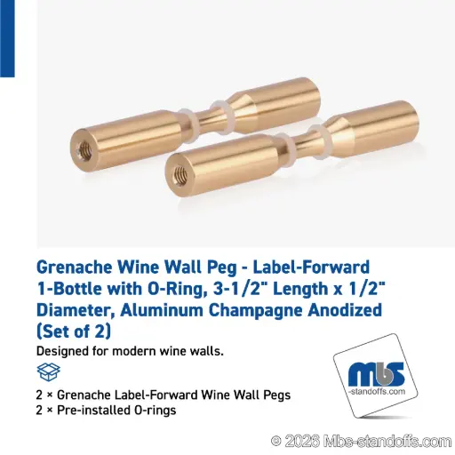 [WPR050-1BR] Grenache Wine Wall Peg - Label-Forward 1-Bottle with O-Ring, 3-1/2" Length x 1/2" Diameter, Aluminum Champagne Anodized (Set of 2)