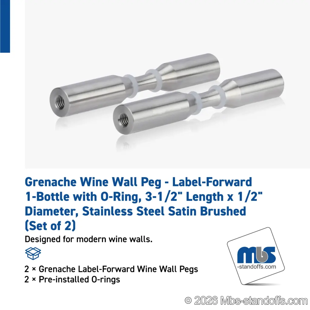 Grenache Wine Wall Peg - Label-Forward 1-Bottle with O-Ring, 3-1/2" Length x 1/2" Diameter, Stainless Steel Satin Brushed (Set of 2)