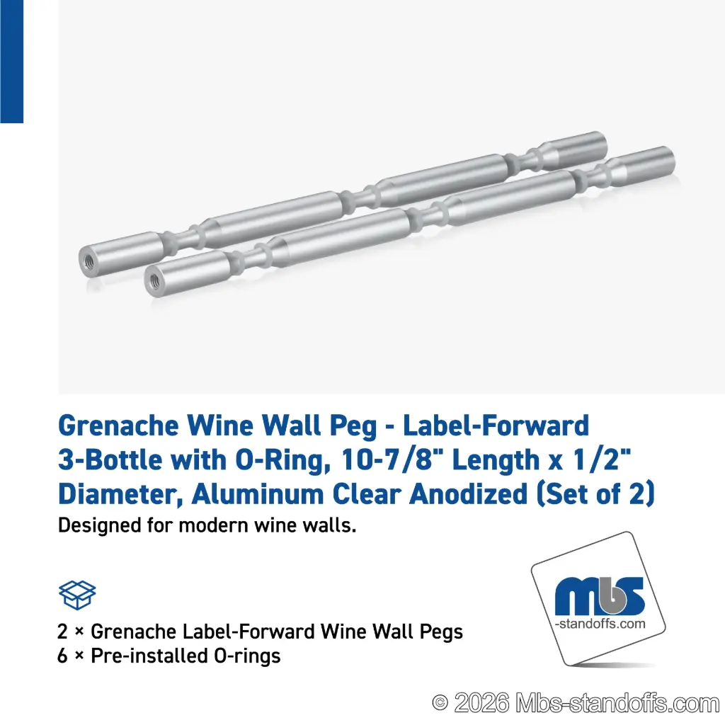 Grenache Wine Wall Peg - Label-Forward 3-Bottle with O-Ring, 9-1/2" Length x 1/2" Diameter, Aluminum Clear Anodized (Set of 2)