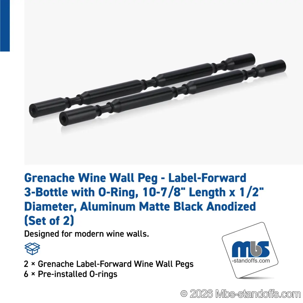 Grenache Wine Wall Peg - Label-Forward 3-Bottle with O-Ring, 9-1/2" Length x 1/2" Diameter, Aluminum Matte Black Anodized (Set of 2)