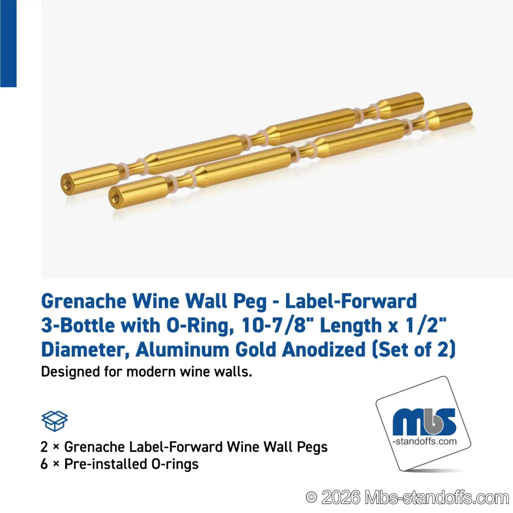 Grenache Wine Wall Peg - Label-Forward 3-Bottle with O-Ring, 9-1/2" Length x 1/2" Diameter, Aluminum Gold Anodized (Set of 2)