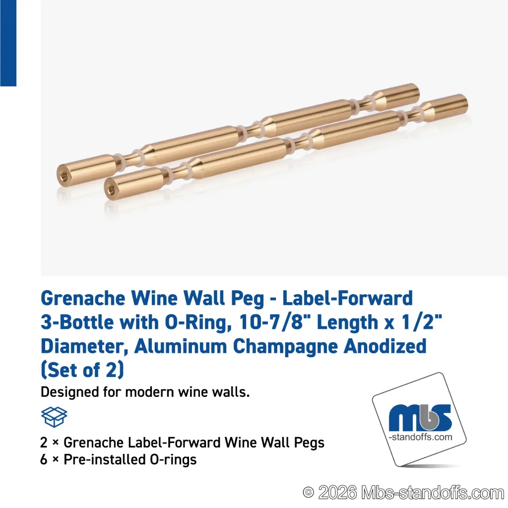 Grenache Wine Wall Peg - Label-Forward 3-Bottle with O-Ring, 9-1/2" Length x 1/2" Diameter, Aluminum Champagne Anodized (Set of 2)