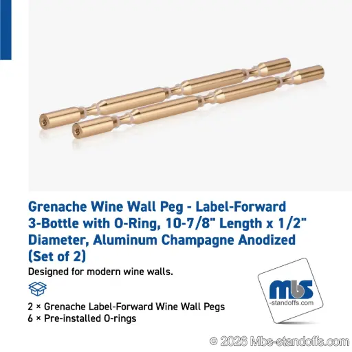 [WPR050-3BR] Grenache Wine Wall Peg - Label-Forward 3-Bottle with O-Ring, 9-1/2" Length x 1/2" Diameter, Aluminum Champagne Anodized (Set of 2)