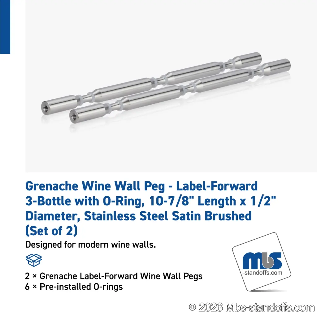 Grenache Wine Wall Peg - Label-Forward 3-Bottle with O-Ring, 9-1/2" Length x 1/2" Diameter, Stainless Steel Satin Brushed (Set of 2)