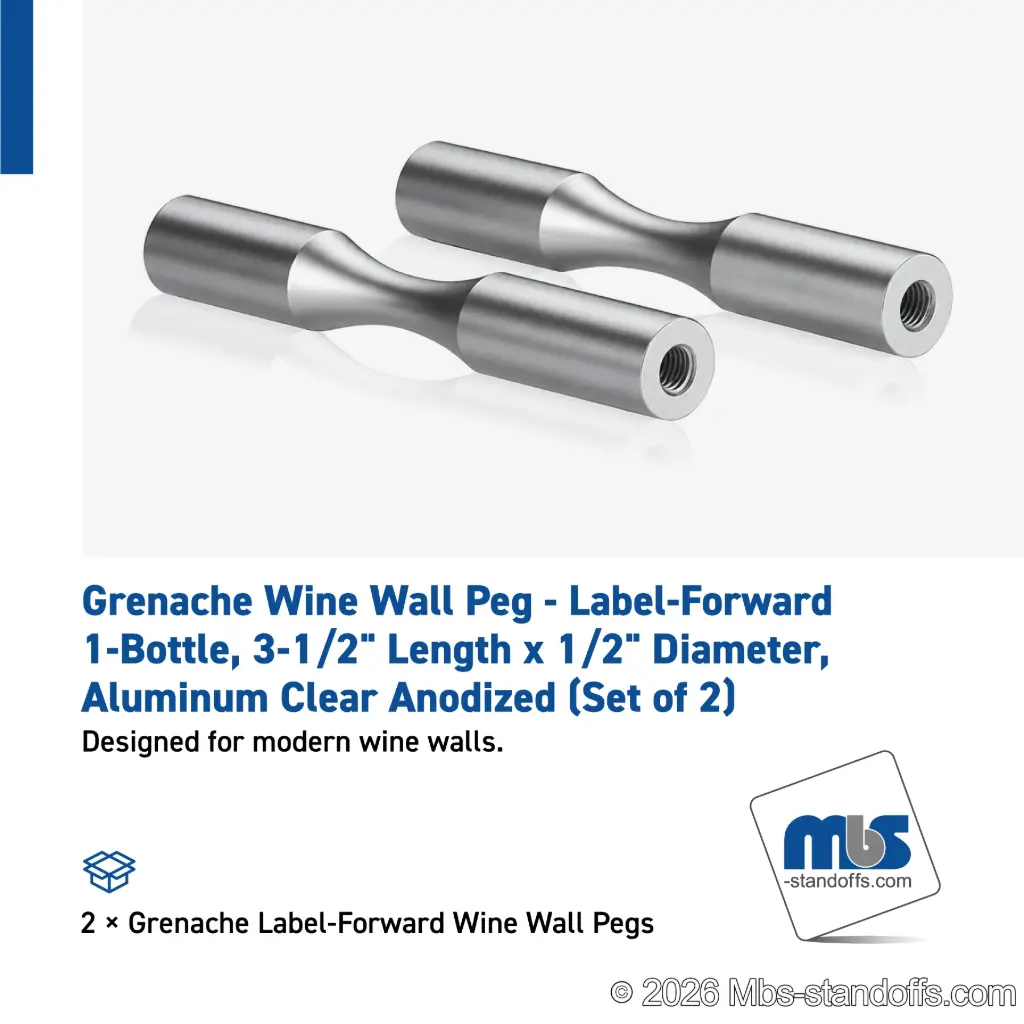 Grenache Wine Wall Peg - Label-Forward 1-Bottle, 3-1/2" Length x 1/2" Diameter, Aluminum Clear Anodized (Set of 2)