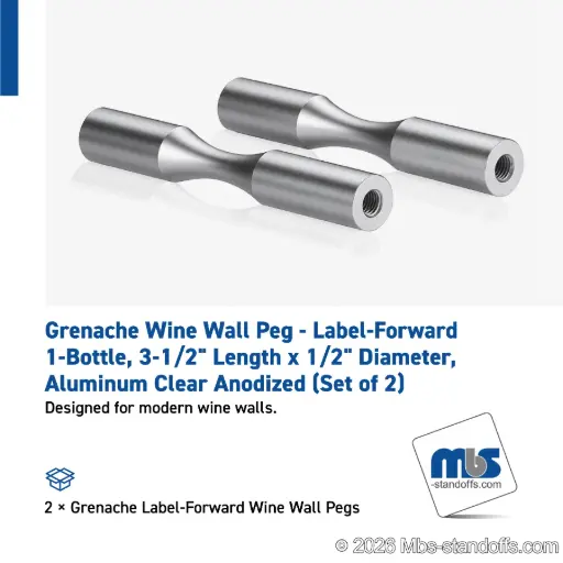 [WP050-1A] Grenache Wine Wall Peg - Label-Forward 1-Bottle, 3-1/2" Length x 1/2" Diameter, Aluminum Clear Anodized (Set of 2)