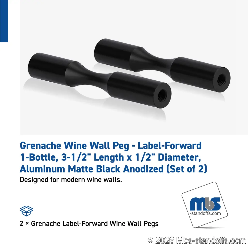 Grenache Wine Wall Peg - Label-Forward 1-Bottle, 3-1/2" Length x 1/2" Diameter, Aluminum Matte Black Anodized (Set of 2)