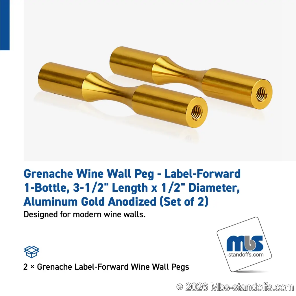 Grenache Wine Wall Peg - Label-Forward 1-Bottle, 3-1/2" Length x 1/2" Diameter, Aluminum Gold Anodized (Set of 2)