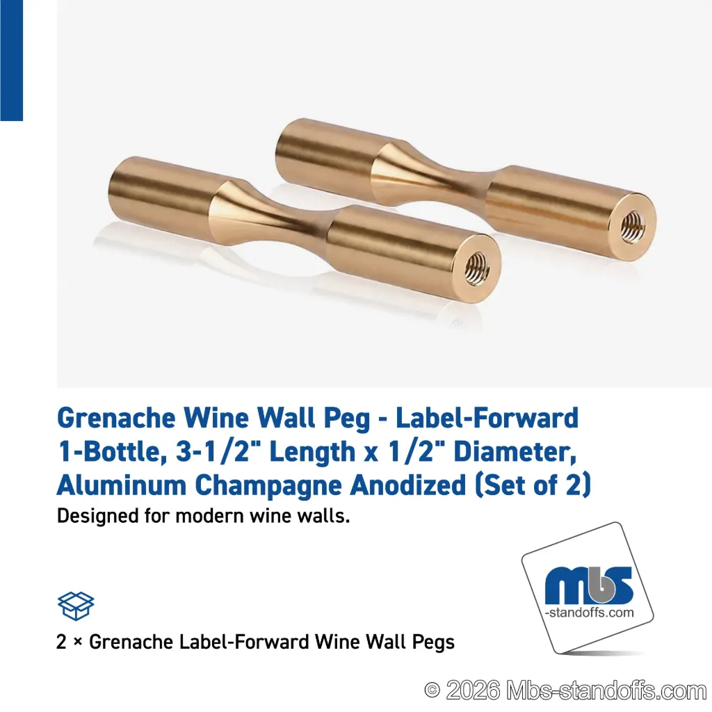 Grenache Wine Wall Peg - Label-Forward 1-Bottle, 3-1/2" Length x 1/2" Diameter, Aluminum Champagne Anodized (Set of 2)