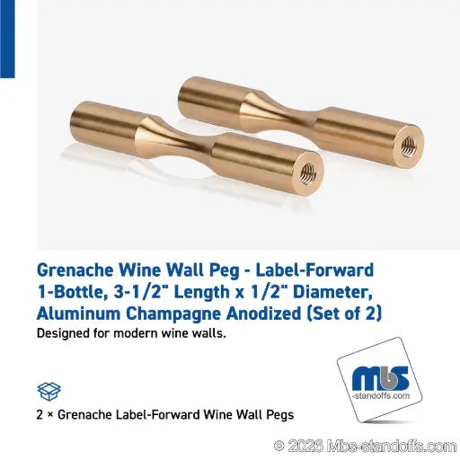 [WP050-1BR] Grenache Wine Wall Peg - Label-Forward 1-Bottle, 3-1/2" Length x 1/2" Diameter, Aluminum Champagne Anodized (Set of 2)