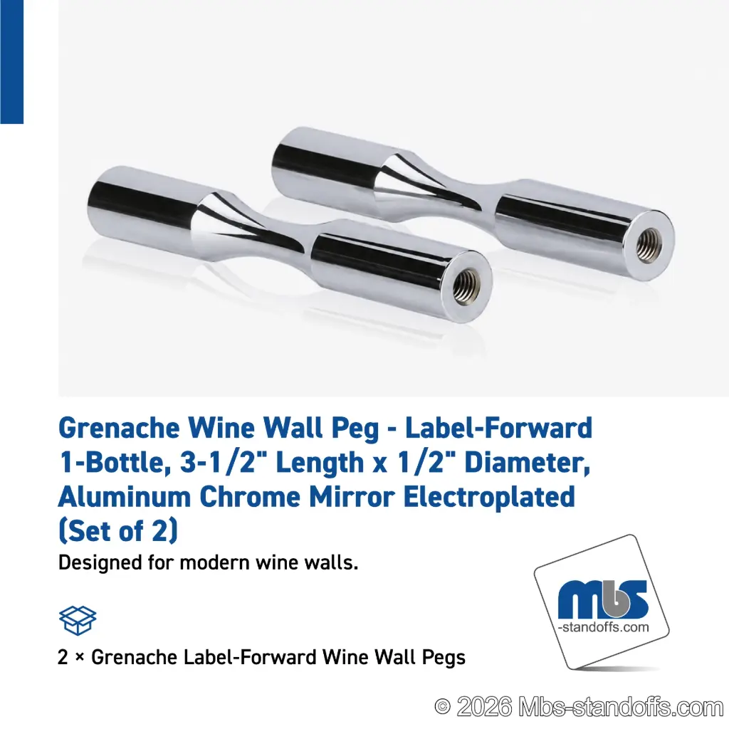 Grenache Wine Wall Peg - Label-Forward 1-Bottle, 3-1/2" Length x 1/2" Diameter, Aluminum Chrome Mirror Electroplated (Set of 2)