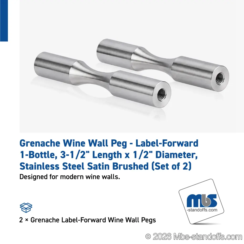 Grenache Wine Wall Peg - Label-Forward 1-Bottle, 3-1/2" Length x 1/2" Diameter, Stainless Steel Satin Brushed (Set of 2)