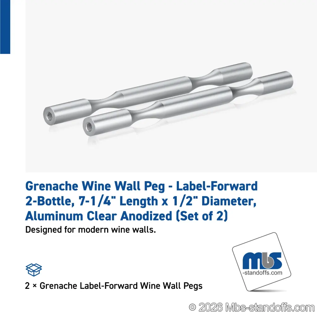 Grenache Wine Wall Peg - Label-Forward 2-Bottle, 7-1/4" Length x 1/2" Diameter, Aluminum Clear Anodized (Set of 2)