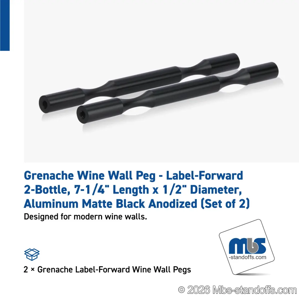 Grenache Wine Wall Peg - Label-Forward 2-Bottle, 7-1/4" Length x 1/2" Diameter, Aluminum Matte Black Anodized (Set of 2)