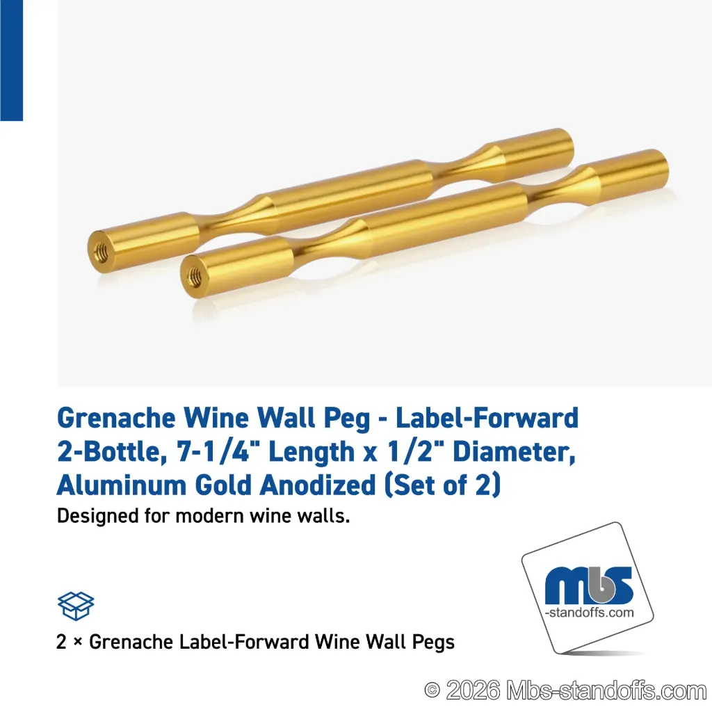 Grenache Wine Wall Peg - Label-Forward 2-Bottle, 7-1/4" Length x 1/2" Diameter, Aluminum Gold Anodized (Set of 2)