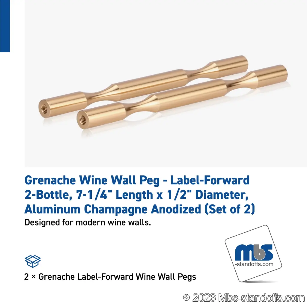 Grenache Wine Wall Peg - Label-Forward 2-Bottle, 7-1/4" Length x 1/2" Diameter, Aluminum Champagne Anodized (Set of 2)