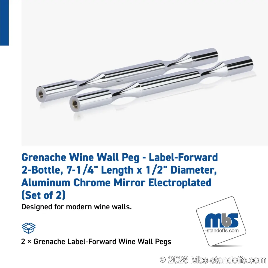 Grenache Wine Wall Peg - Label-Forward 2-Bottle, 7-1/4" Length x 1/2" Diameter, Aluminum Chrome Mirror Electroplated (Set of 2)