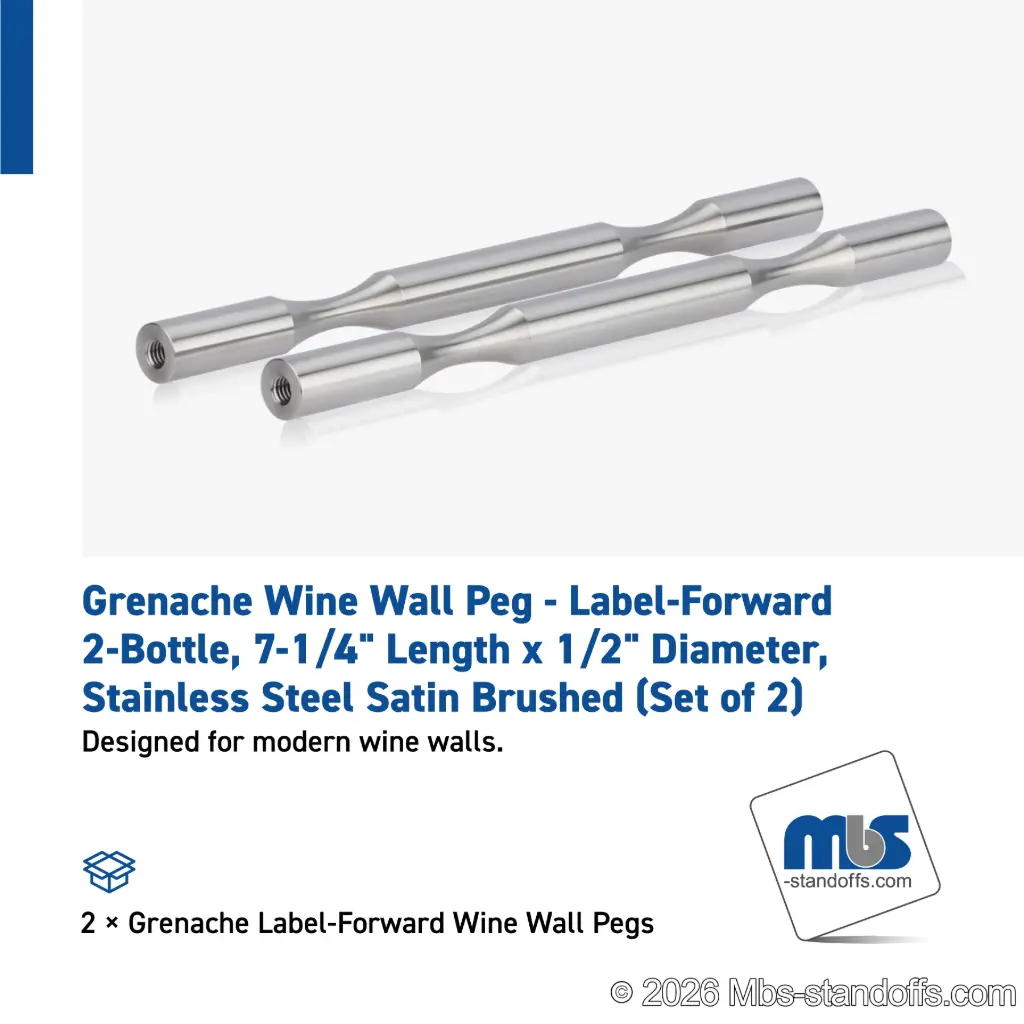 Grenache Wine Wall Peg - Label-Forward 2-Bottle, 7-1/4" Length x 1/2" Diameter, Stainless Steel Satin Brushed (Set of 2)