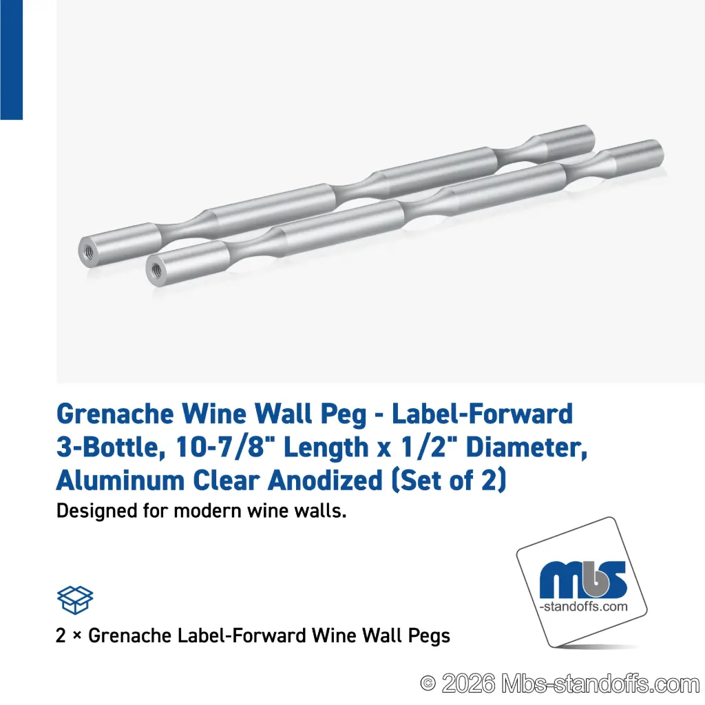 Grenache Wine Wall Peg - Label-Forward 3-Bottle, 9-1/2" Length x 1/2" Diameter, Aluminum Clear Anodized (Set of 2)
