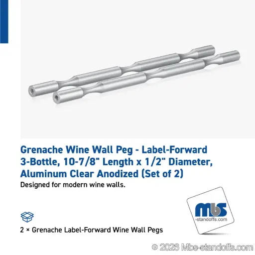 [WP050-3A] Grenache Wine Wall Peg - Label-Forward 3-Bottle, 9-1/2" Length x 1/2" Diameter, Aluminum Clear Anodized (Set of 2)