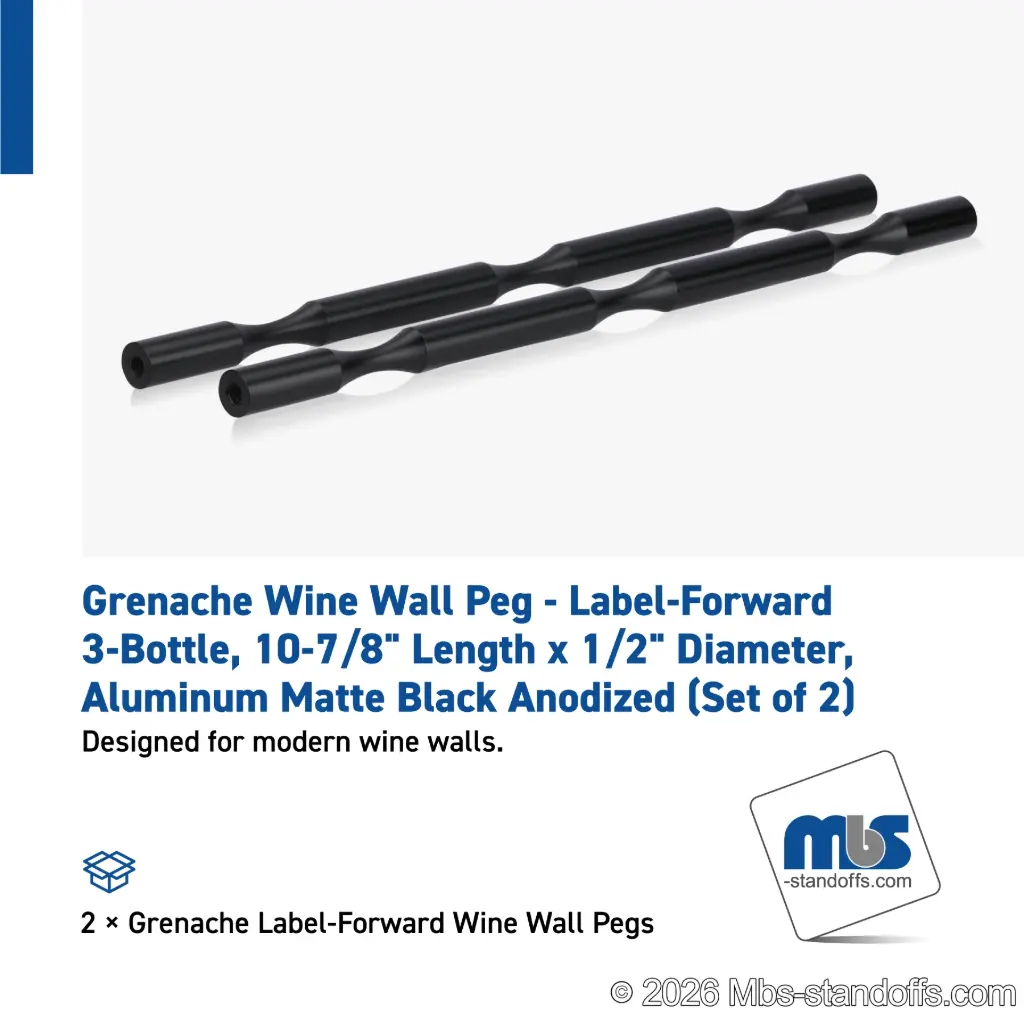 Grenache Wine Wall Peg - Label-Forward 3-Bottle, 9-1/2" Length x 1/2" Diameter, Aluminum Matte Black Anodized (Set of 2)