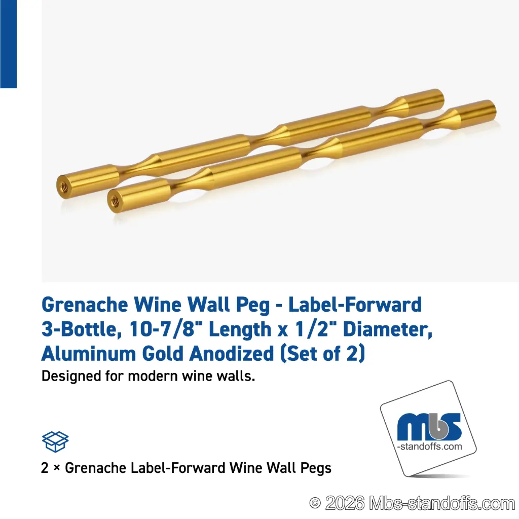 Grenache Wine Wall Peg - Label-Forward 3-Bottle, 9-1/2" Length x 1/2" Diameter, Aluminum Gold Anodized (Set of 2)