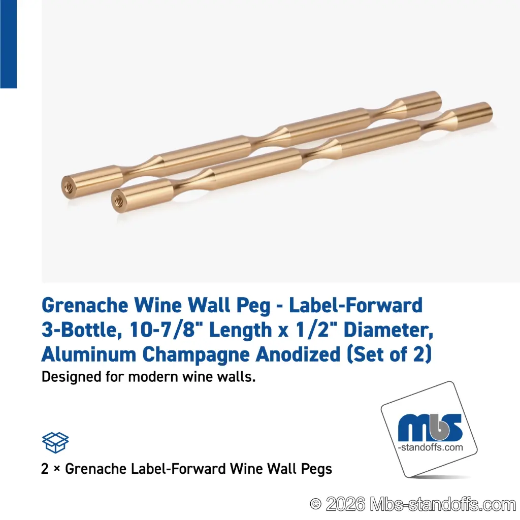 Grenache Wine Wall Peg - Label-Forward 3-Bottle, 9-1/2" Length x 1/2" Diameter, Aluminum Champagne Anodized (Set of 2)